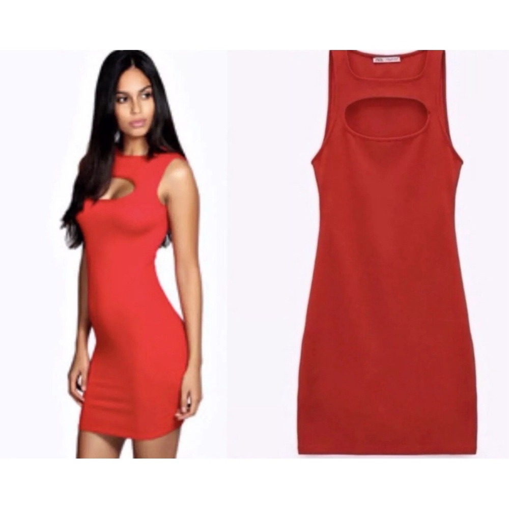 Zara Womens Small Red Bodycon Mini Dress With Cut Out New Without Tags